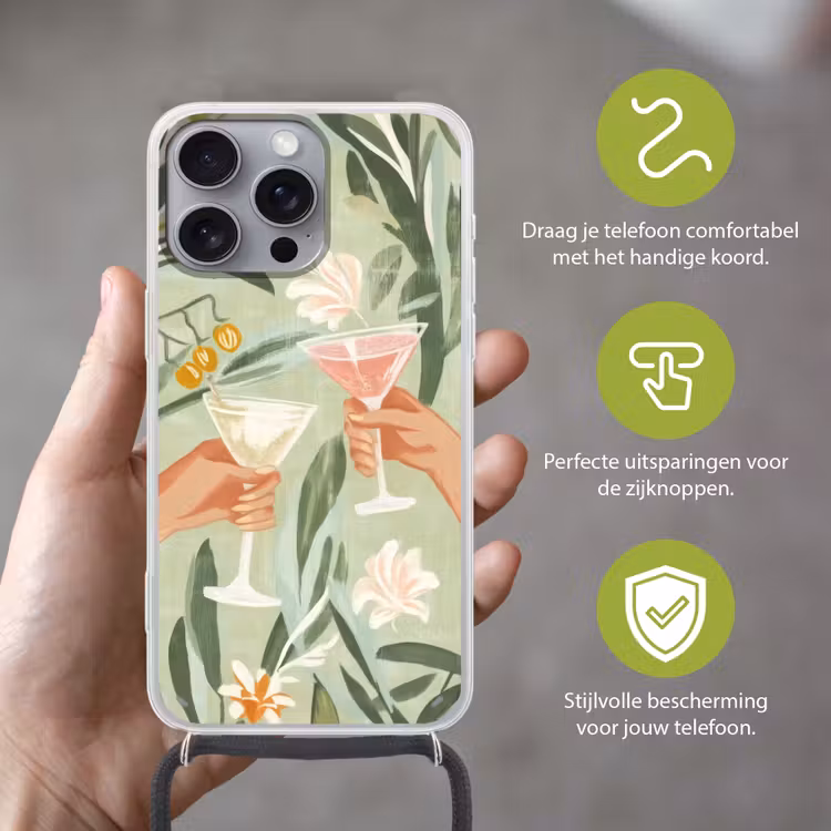 Glazen - Proosten - Bladeren - Groen Hoesje iPhone 16 Pro Max met koord klein -sfeer2_NL