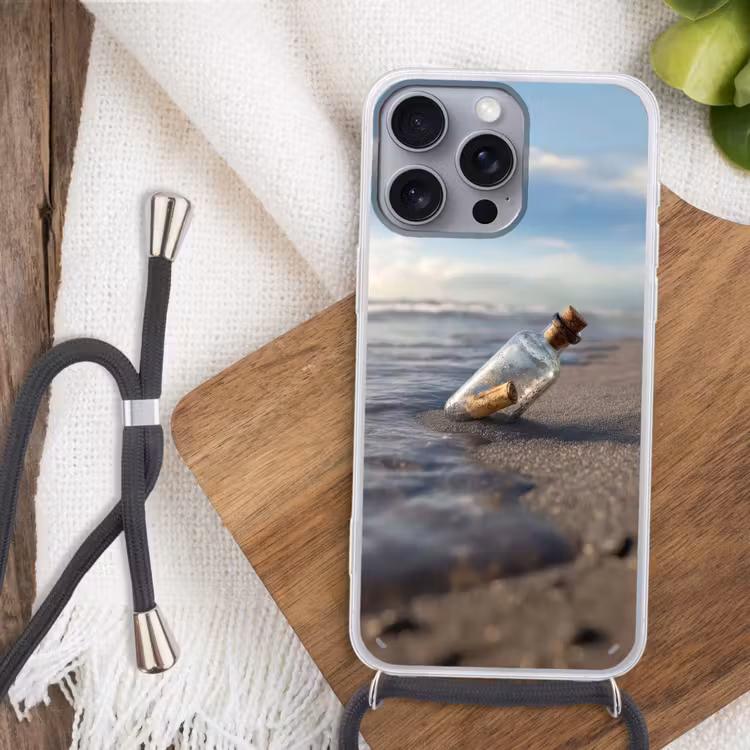 Glazenfles - Post - Zee - Zand Hoesje iPhone 16 Pro Max met koord klein -sfeer4