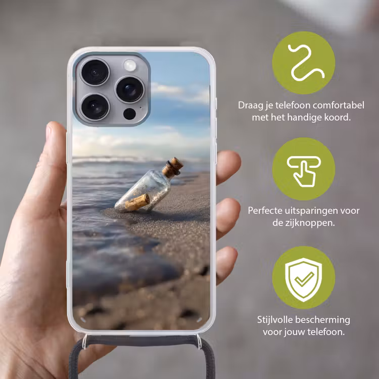 Glazenfles - Post - Zee - Zand Hoesje iPhone 16 Pro Max met koord klein -sfeer2_NL