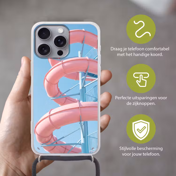 Glijbaan - Waterpark - Spiraal - Modern - Roze Hoesje iPhone 16 Pro Max met koord klein -sfeer2_NL