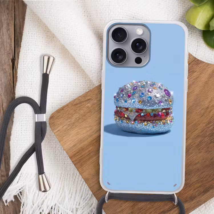 Glitters - Hamburger - Blauw Hoesje iPhone 16 Pro Max met koord klein -sfeer4