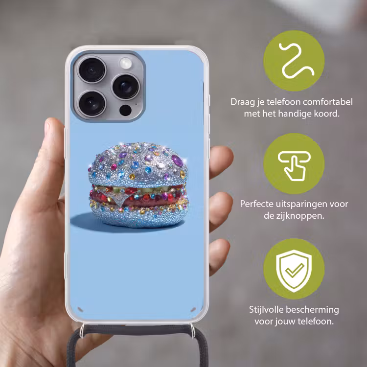 Glitters - Hamburger - Blauw Hoesje iPhone 16 Pro Max met koord klein -sfeer2_NL