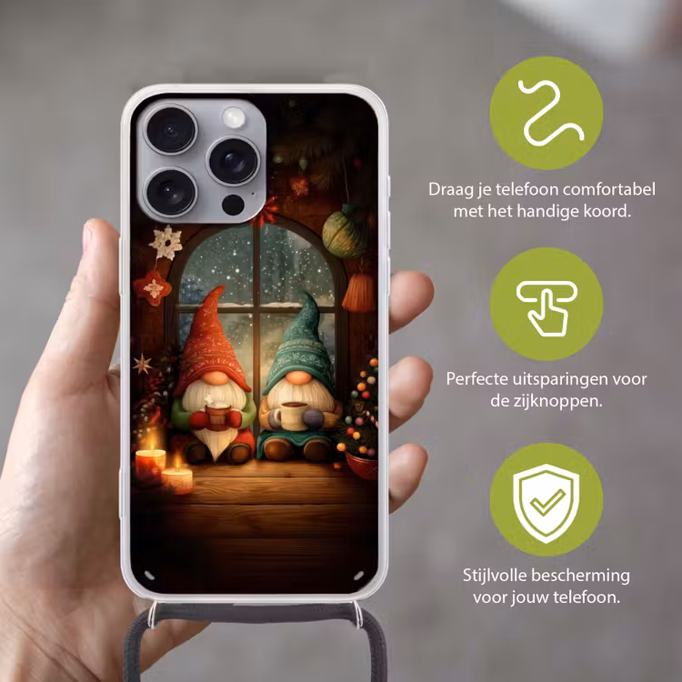 Gnooms - Kerst - Raam - Kleurrijk Hoesje iPhone 16 Pro Max met koord klein -sfeer2_NL