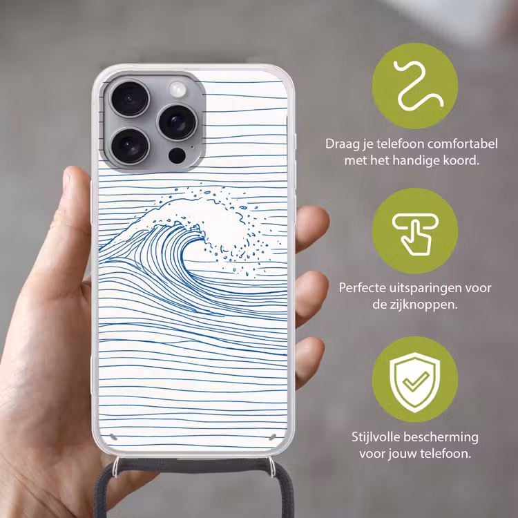 Golf - Brekende - Natuur - Minimalistisch - Blauw Hoesje iPhone 16 Pro Max met koord klein -sfeer2_NL