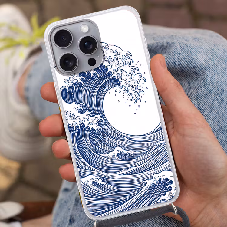 Golf - Japans - Zee - Illustratie - Blauw Hoesje iPhone 16 Pro Max met koord klein -sfeer3