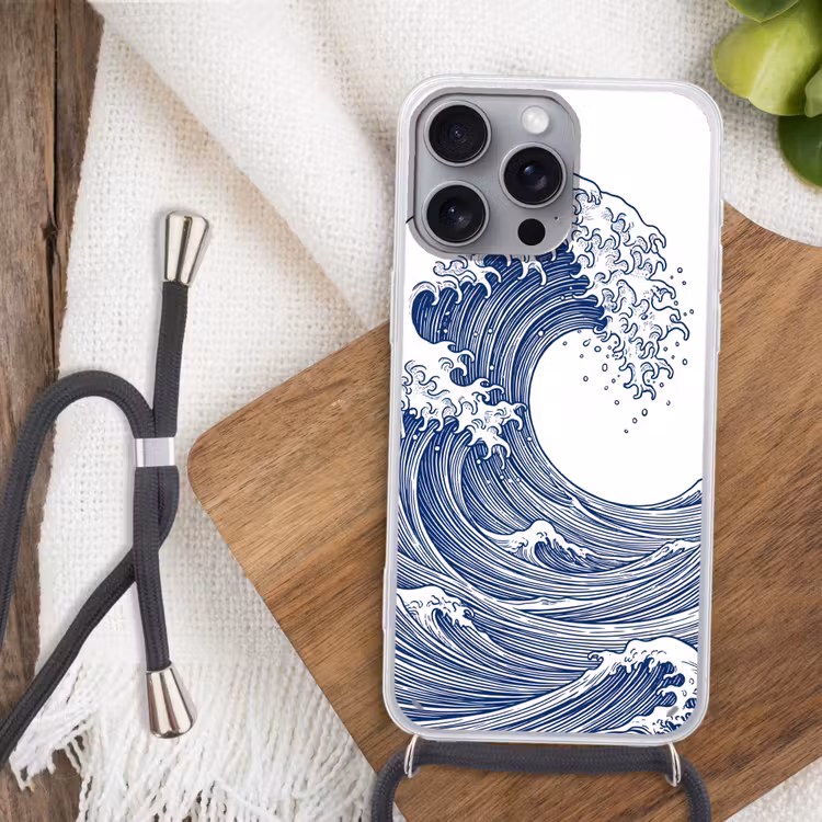 Golf - Japans - Zee - Illustratie - Blauw Hoesje iPhone 16 Pro Max met koord klein -sfeer4