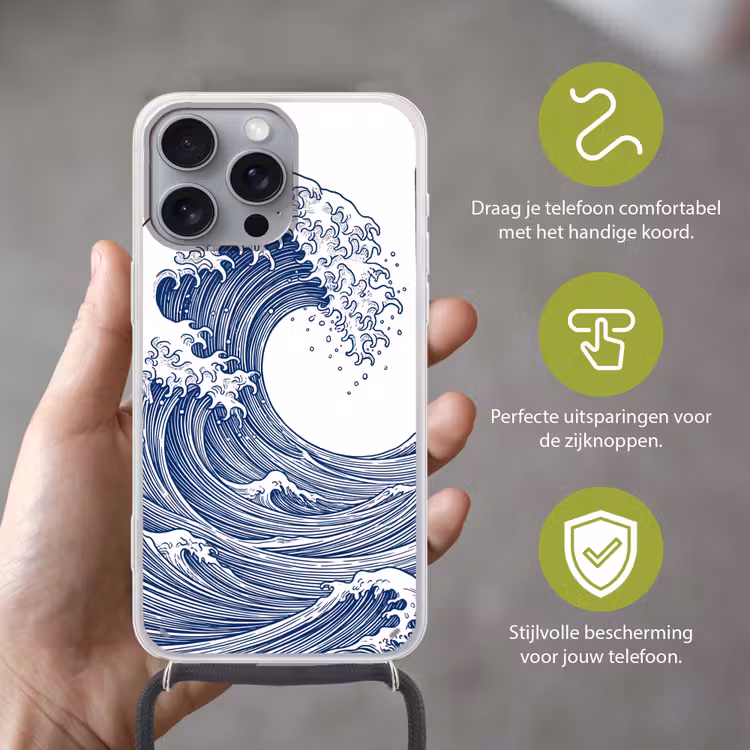Golf - Japans - Zee - Illustratie - Blauw Hoesje iPhone 16 Pro Max met koord klein -sfeer2_NL