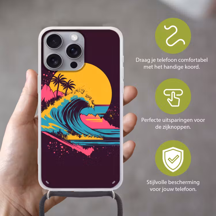 Golf - Kleurrijk - Zon - Palmbomen Hoesje iPhone 16 Pro Max met koord klein -sfeer2_NL