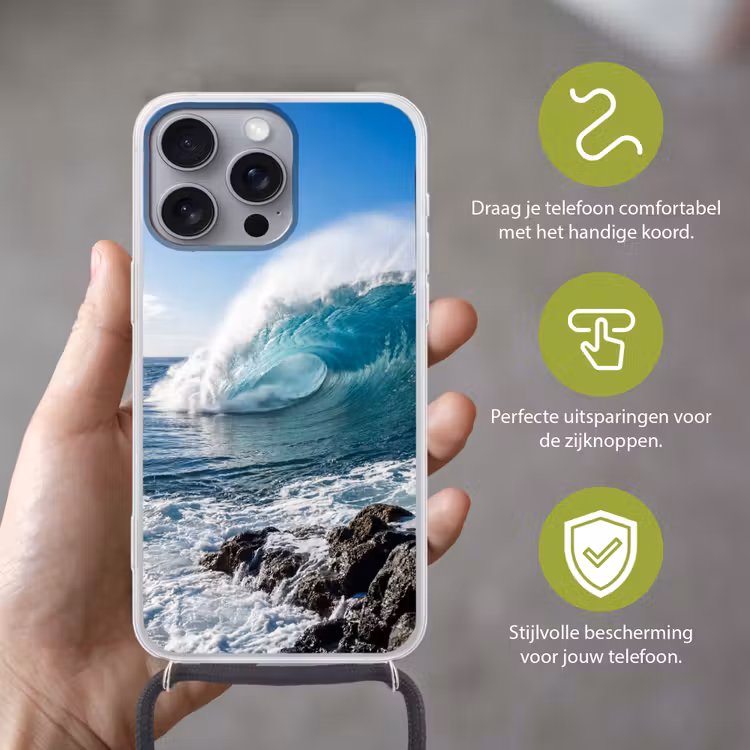 Golf - Oceaan - Brekend - Water - Blauw Hoesje iPhone 16 Pro Max met koord klein -sfeer2_NL