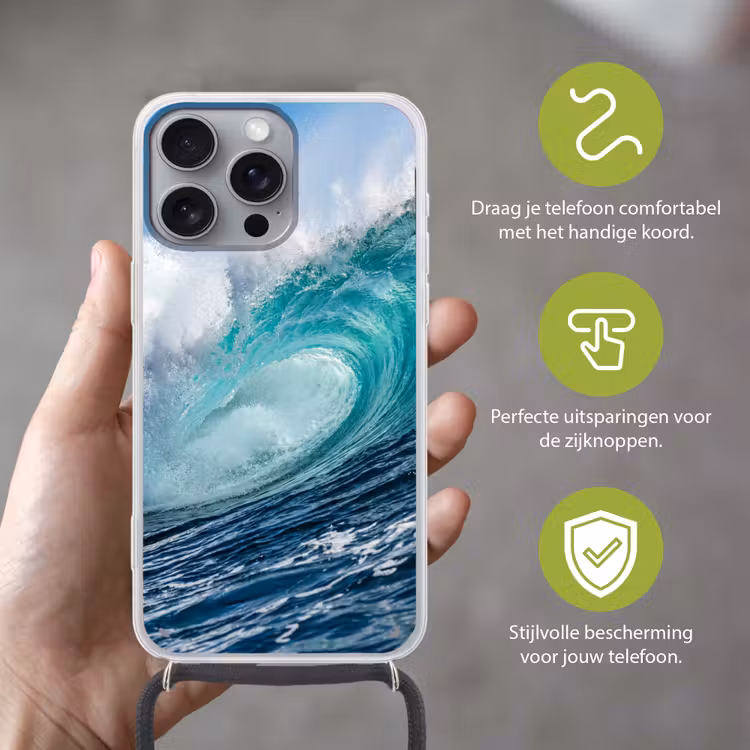 Golf - Oceaan - Water - Dynamisch - Blauw Hoesje iPhone 16 Pro Max met koord klein -sfeer2_NL