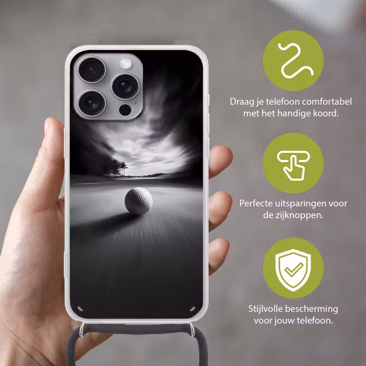 Golfbal - Wazig - Zwart Hoesje iPhone 16 Pro Max met koord klein -sfeer2_NL
