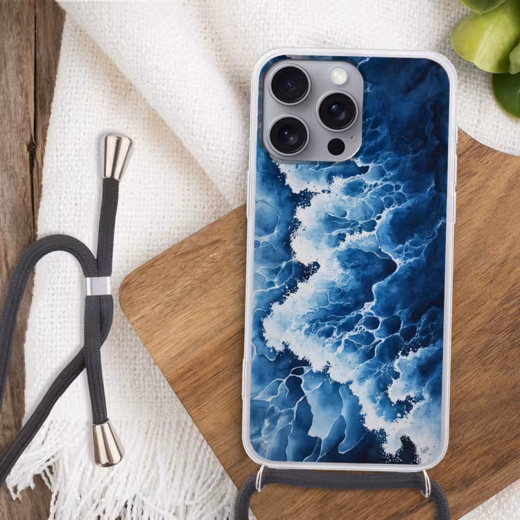 Golven - Blauw - Schuim Hoesje iPhone 16 Pro Max met koord klein -sfeer4