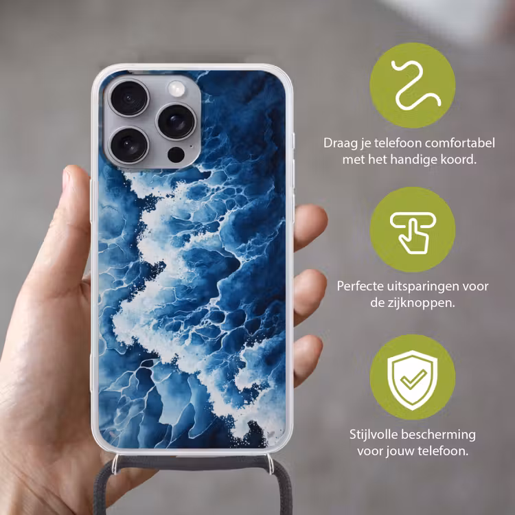 Golven - Blauw - Schuim Hoesje iPhone 16 Pro Max met koord klein -sfeer2_NL