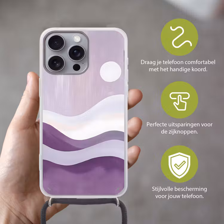 Golven - Heuvels - Abstract - Paars Hoesje iPhone 16 Pro Max met koord klein -sfeer2_NL