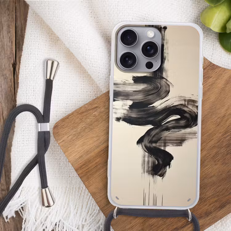 Golven - Penseelstreken - Beige - Minimalistisch Hoesje iPhone 16 Pro Max met koord klein -sfeer4