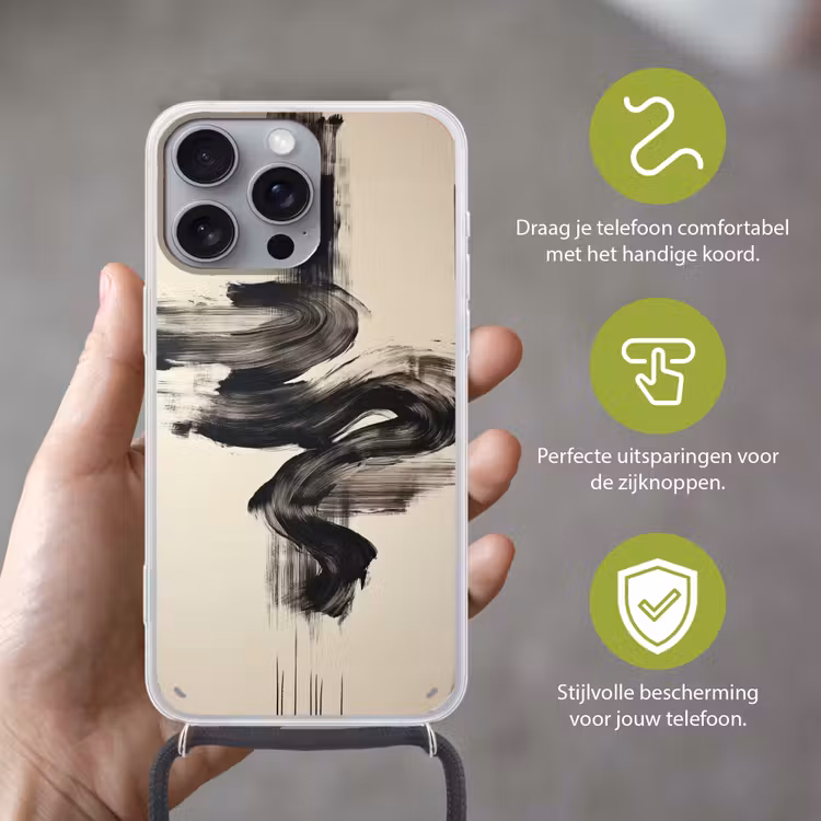 Golven - Penseelstreken - Beige - Minimalistisch Hoesje iPhone 16 Pro Max met koord klein -sfeer2_NL