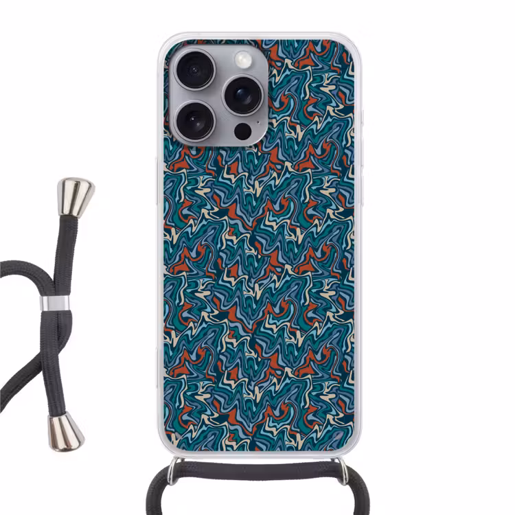Golven - Retro - Blauw - Patroon Hoesje iPhone 16 Pro Max met koord klein 804 -3d