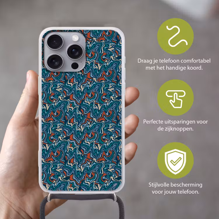 Golven - Retro - Blauw - Patroon Hoesje iPhone 16 Pro Max met koord klein 804 -sfeer2_NL