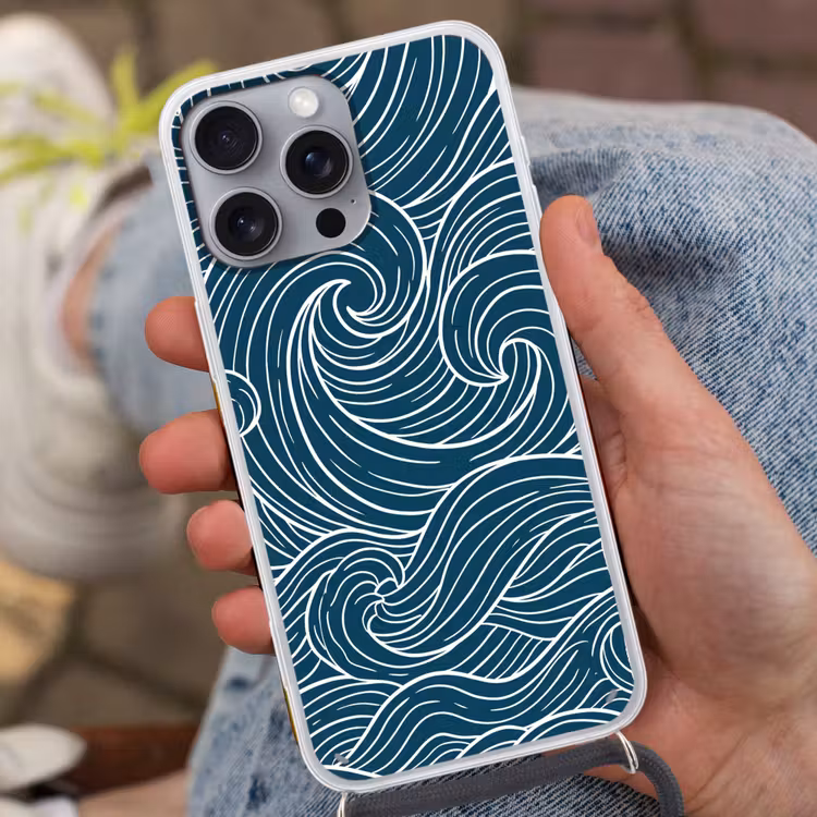 Golven - Spiraal - Water - Abstract - Blauw Hoesje iPhone 16 Pro Max met koord klein -sfeer3