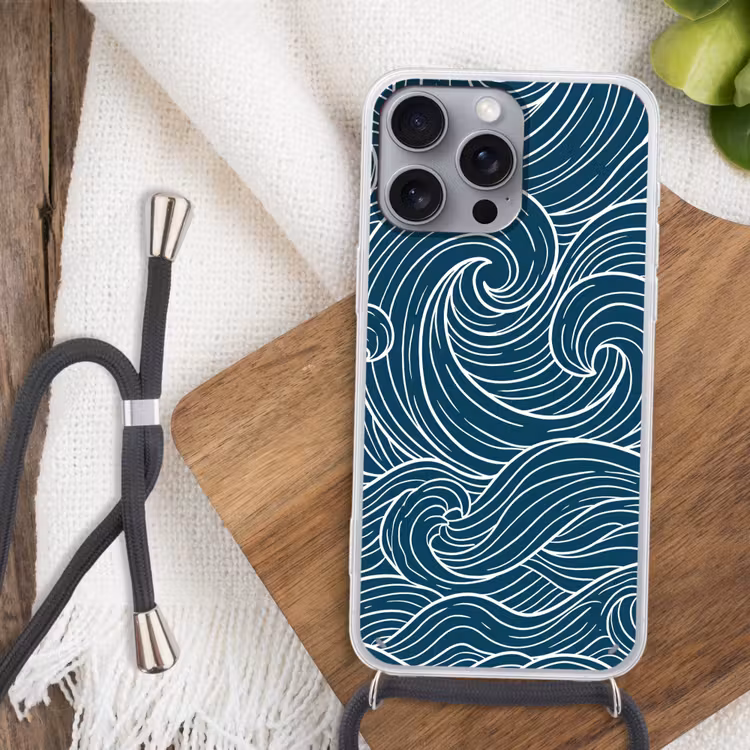 Golven - Spiraal - Water - Abstract - Blauw Hoesje iPhone 16 Pro Max met koord klein -sfeer4