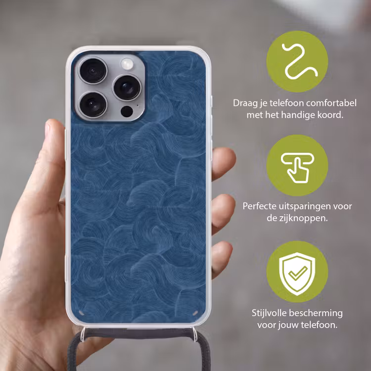 Golven - Textuur - Patroon - Blauw Hoesje iPhone 16 Pro Max met koord klein 804 -sfeer2_NL