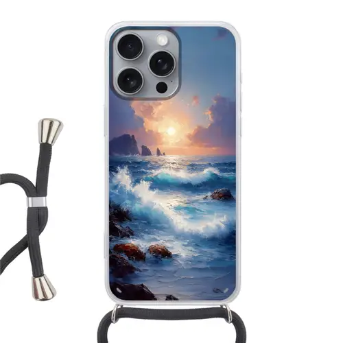 Golven - Zee - Kleurrijk - Rotsen Hoesje iPhone 16 Pro Max met koord klein -3d
