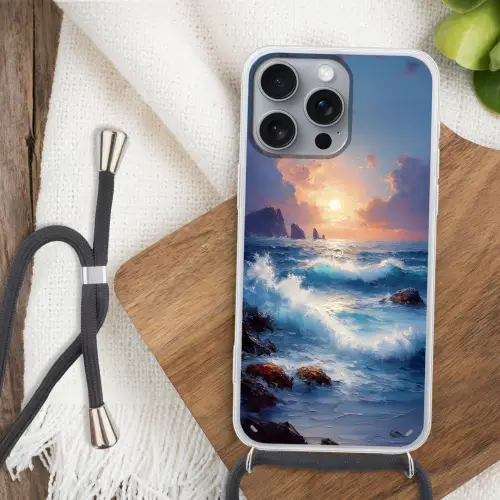 Golven - Zee - Kleurrijk - Rotsen Hoesje iPhone 16 Pro Max met koord klein -sfeer4