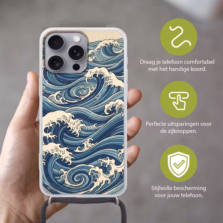 Golven - Zee - Natuur - Abstract - Blauw Hoesje iPhone 16 Pro Max met koord klein -sfeer2_NL