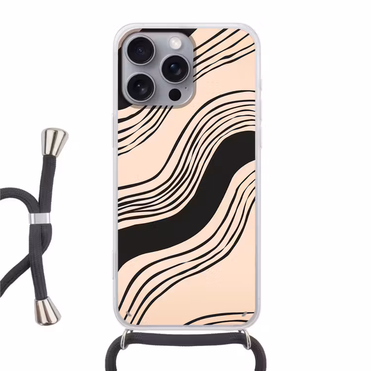 Golven - Zwart - Zandkleur Hoesje iPhone 16 Pro Max met koord klein -3d