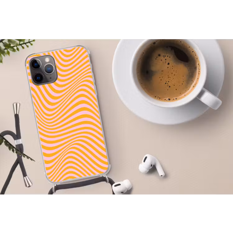 Golvend patroon - Oranje - Roze - Lijnen Hoesje iPhone 12 Pro met koord klein -oordop