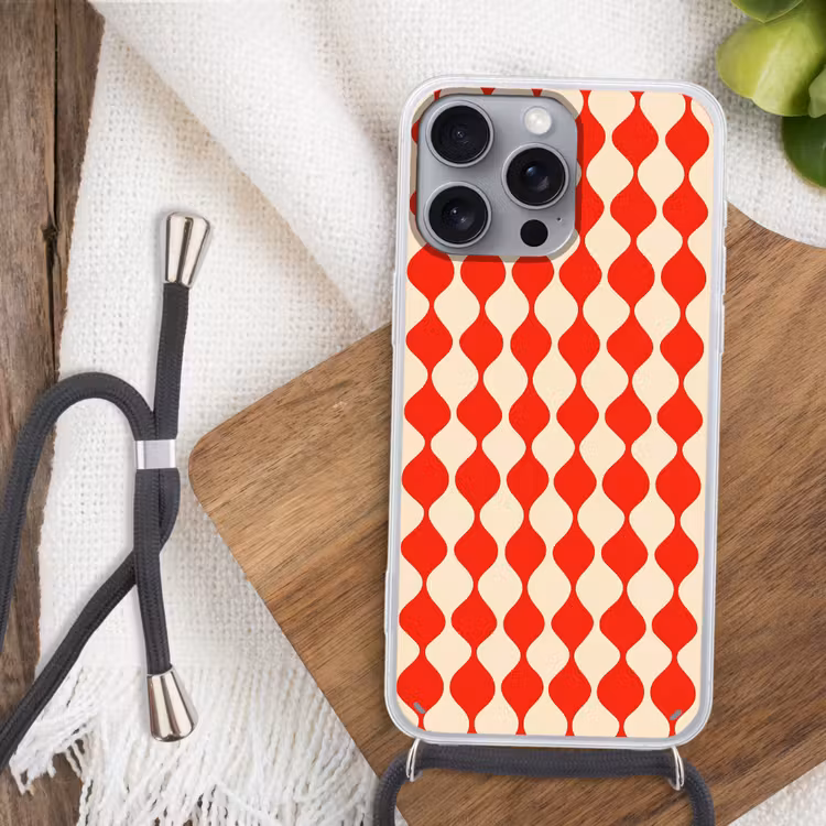 Golvend patroon - Retro - Rood - Beige Hoesje iPhone 16 Pro Max met koord klein 804 -sfeer4
