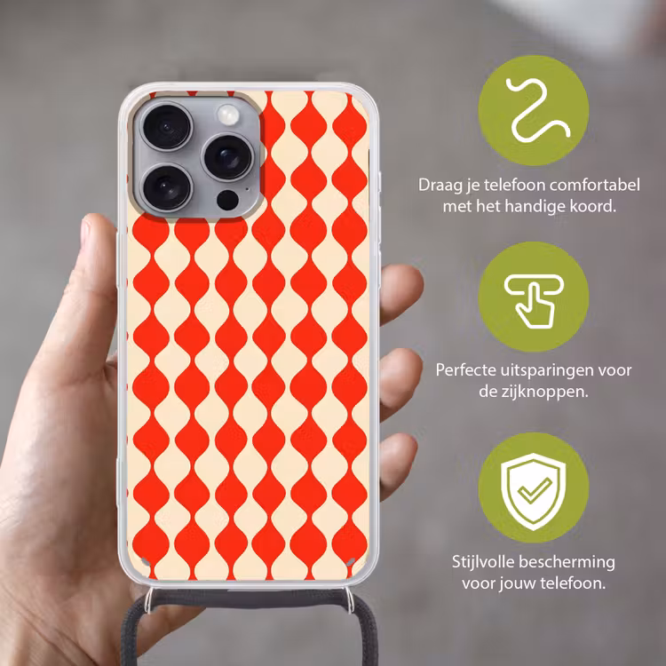 Golvend patroon - Retro - Rood - Beige Hoesje iPhone 16 Pro Max met koord klein 804 -sfeer2_NL