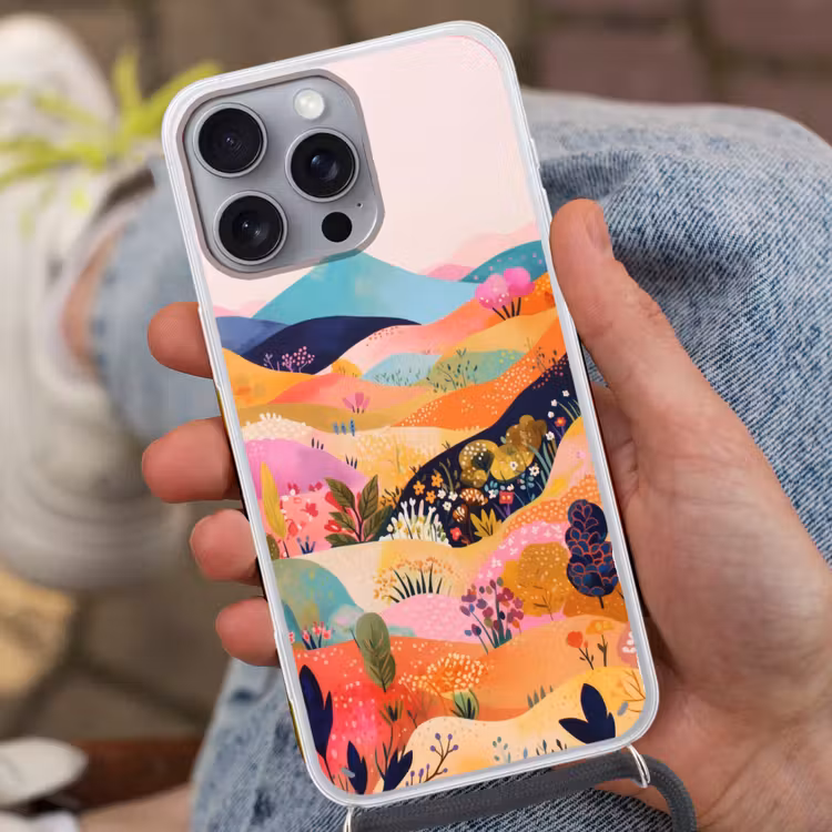 Golvende heuvels - Abstracte planten - Dromerig Hoesje iPhone 16 Pro Max met koord klein -sfeer3