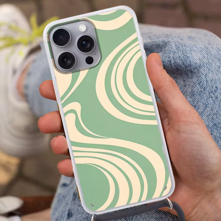 Golvende lijnen - Mintgroen - Dansende vormen Hoesje iPhone 16 Pro Max met koord klein -sfeer3