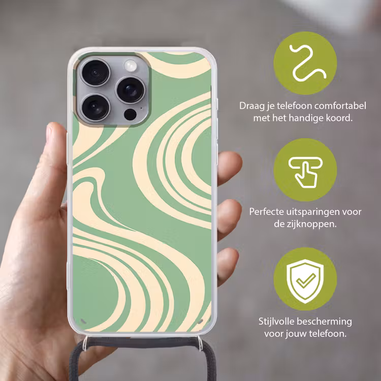 Golvende lijnen - Mintgroen - Dansende vormen Hoesje iPhone 16 Pro Max met koord klein -sfeer2_NL