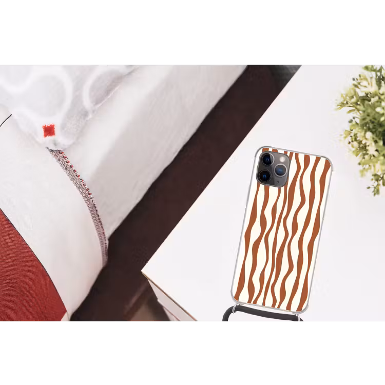 Golvende lijnen - Strepen - Beige - Bruin Hoesje iPhone 12 Pro met koord klein -kamer
