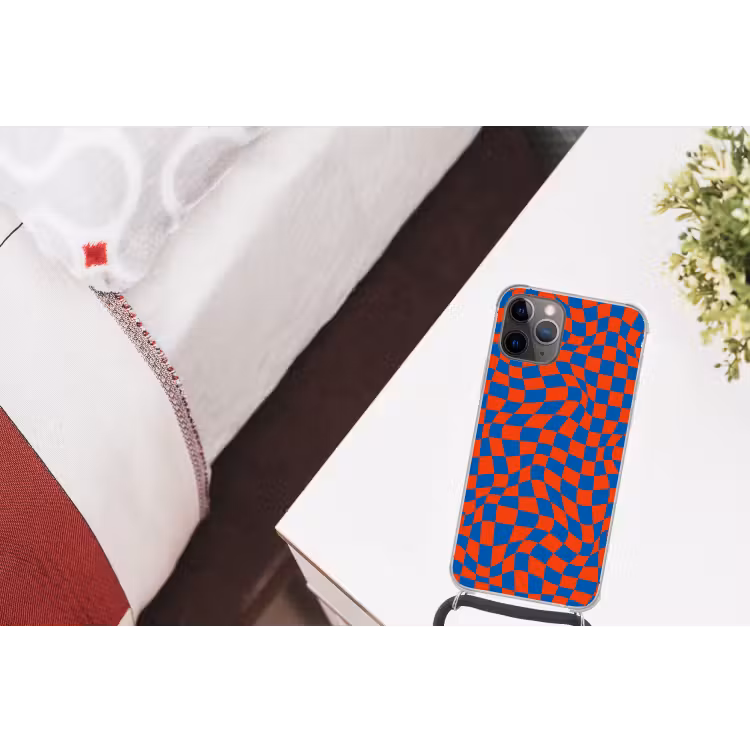 Golvende vakjes - Blauw - Rood - Abstract Hoesje iPhone 12 Pro met koord klein -kamer