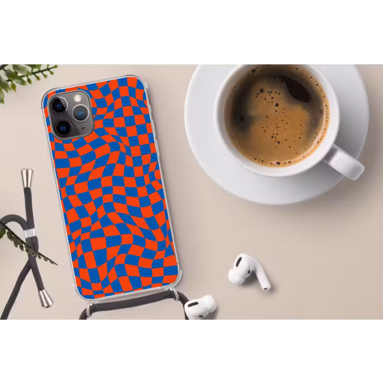 Golvende vakjes - Blauw - Rood - Abstract Hoesje iPhone 12 Pro met koord klein -oordop