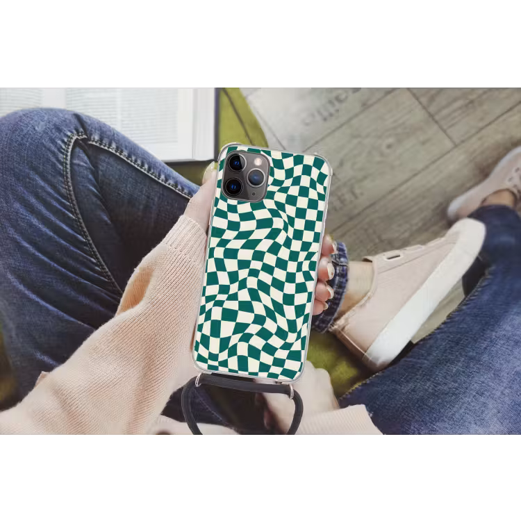 Golvende vakjes - Groen - Wit - Abstract Hoesje iPhone 12 Pro met koord klein -hand