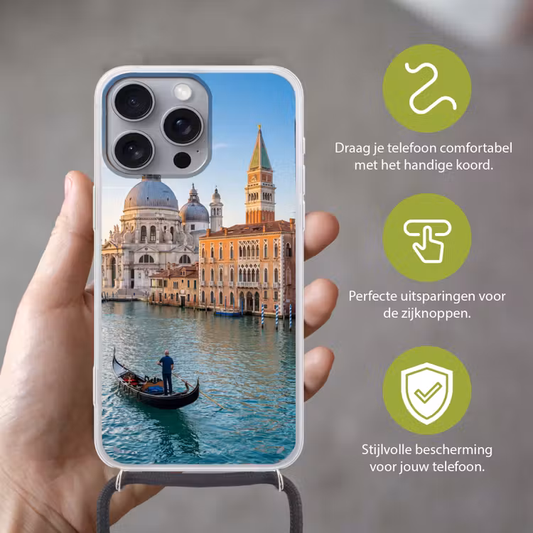 Gondel - Venetië - Kanaal - Stadsgezicht - Avondlicht Hoesje iPhone 16 Pro Max met koord klein -sfeer2_NL