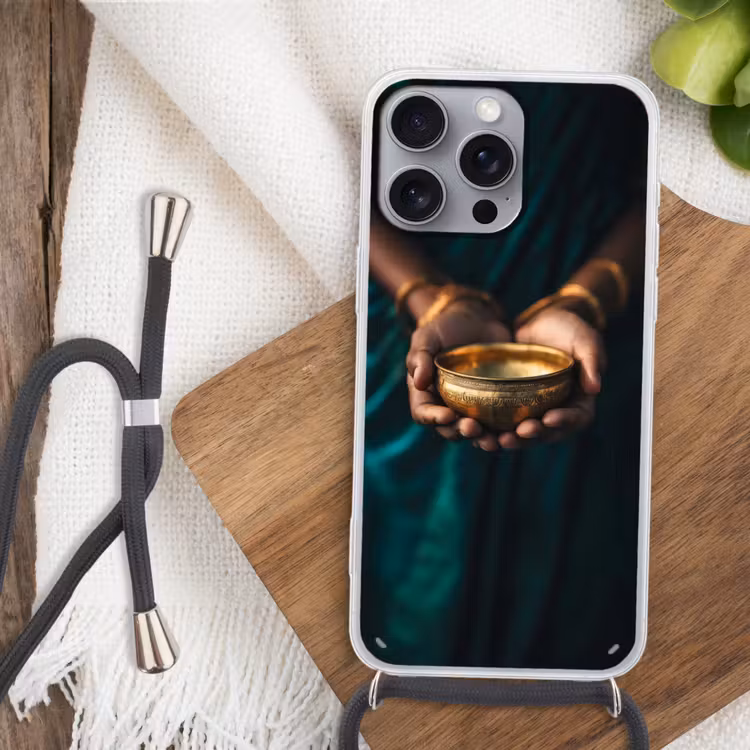 Goud - Kom - Blauw Hoesje iPhone 16 Pro Max met koord klein -sfeer4