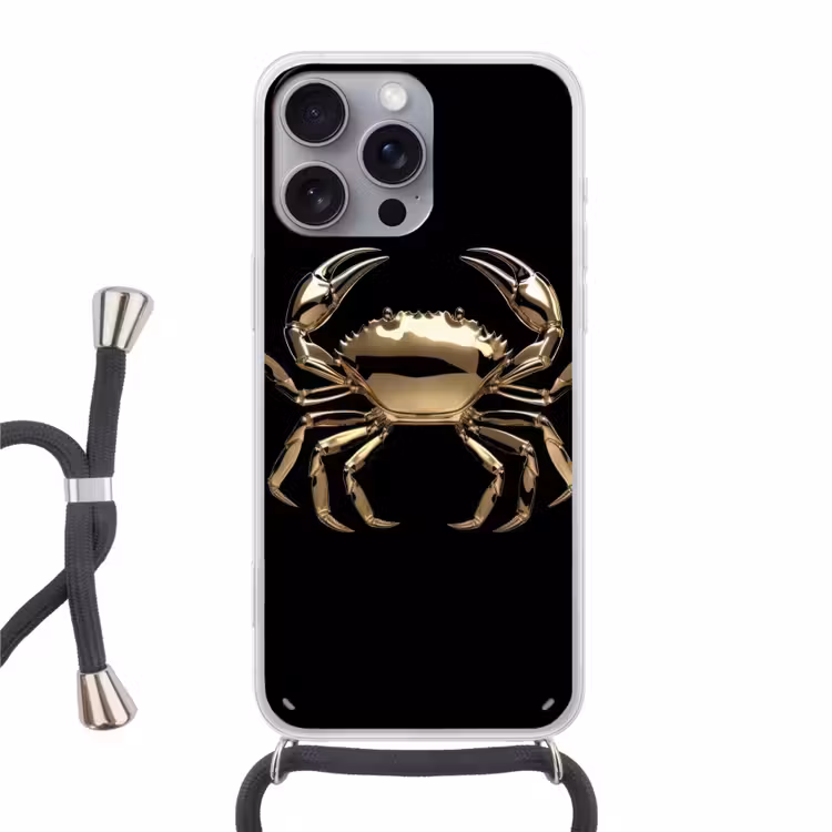 Goud - Krab - Dieren - Zwart Hoesje iPhone 16 Pro Max met koord klein -3d