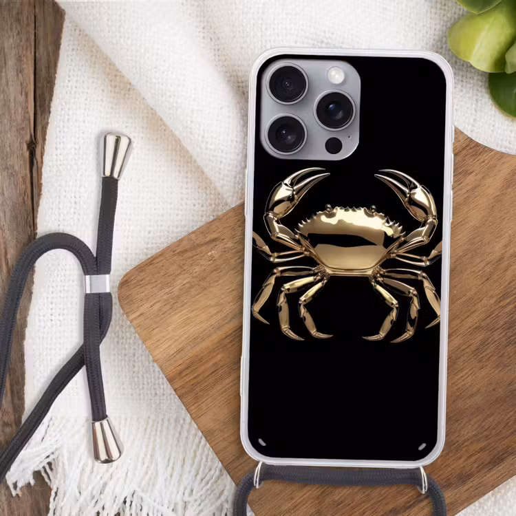 Goud - Krab - Dieren - Zwart Hoesje iPhone 16 Pro Max met koord klein -sfeer4
