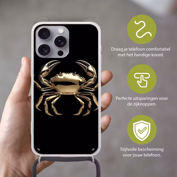 Goud - Krab - Dieren - Zwart Hoesje iPhone 16 Pro Max met koord klein -sfeer2_NL