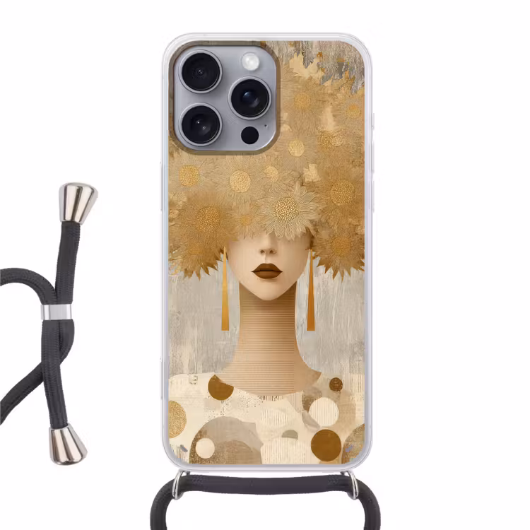 Goud - Portret - Vrouw Hoesje iPhone 16 Pro Max met koord klein -3d