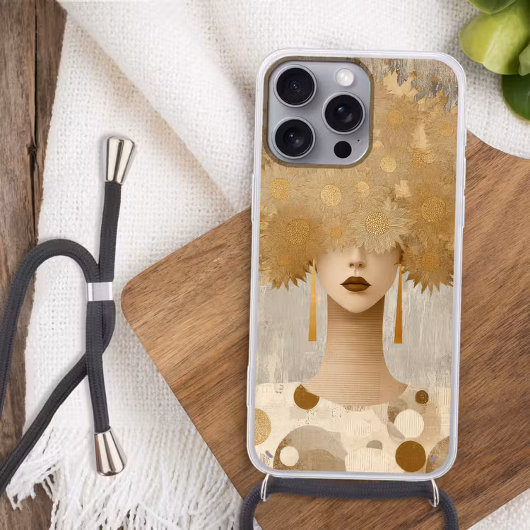 Goud - Portret - Vrouw Hoesje iPhone 16 Pro Max met koord klein -sfeer4