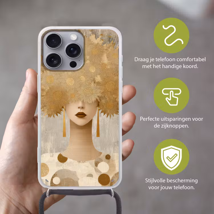 Goud - Portret - Vrouw Hoesje iPhone 16 Pro Max met koord klein -sfeer2_NL