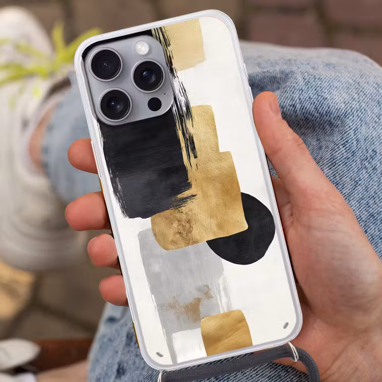 Goud - Rechthoeken - Cirkels - Abstract Hoesje iPhone 16 Pro Max met koord klein -sfeer3