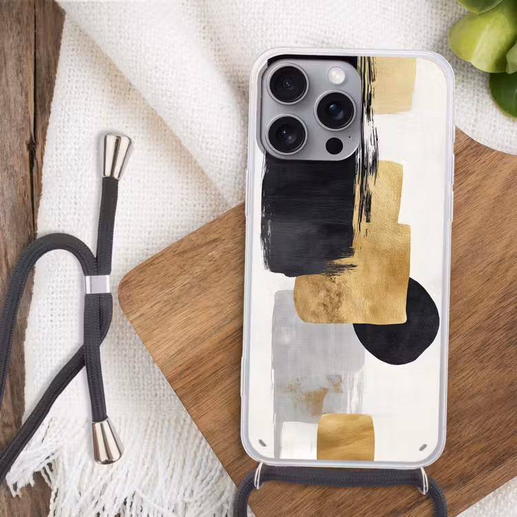 Goud - Rechthoeken - Cirkels - Abstract Hoesje iPhone 16 Pro Max met koord klein -sfeer4