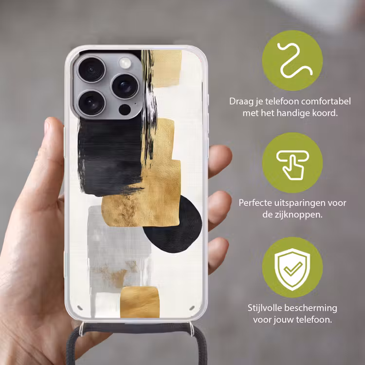Goud - Rechthoeken - Cirkels - Abstract Hoesje iPhone 16 Pro Max met koord klein -sfeer2_NL